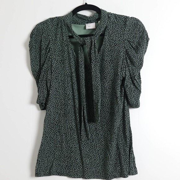 Anthropologie Tops - Anthropologie Postmark Retro Green Black Stretchy Floral Neck Tie Blouse